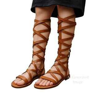 Sixty Seven Tan Leather Knee High Gladiator Zip Back Spain Sandals Sz 40 US 9.5